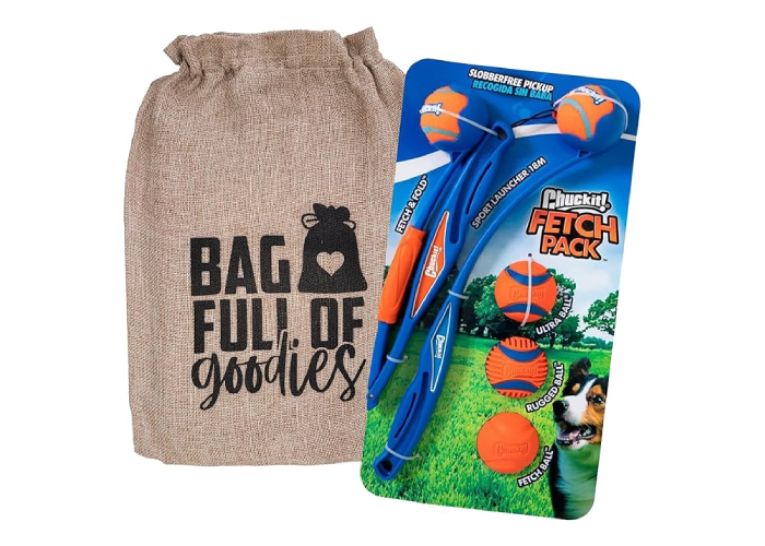 Dog Gift Bag with Chuckit Ball Launcher Fetch Pack 7-Piece Set, Fold Launcher 25M & Sport Launcher and 18M Compact Dog Ball Launcher, All Breed Sizes